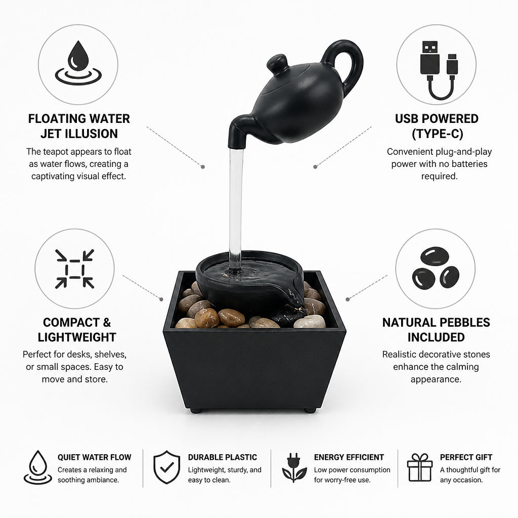 Tabletop Fountain Floating Teapot Illusion USB-C Powered