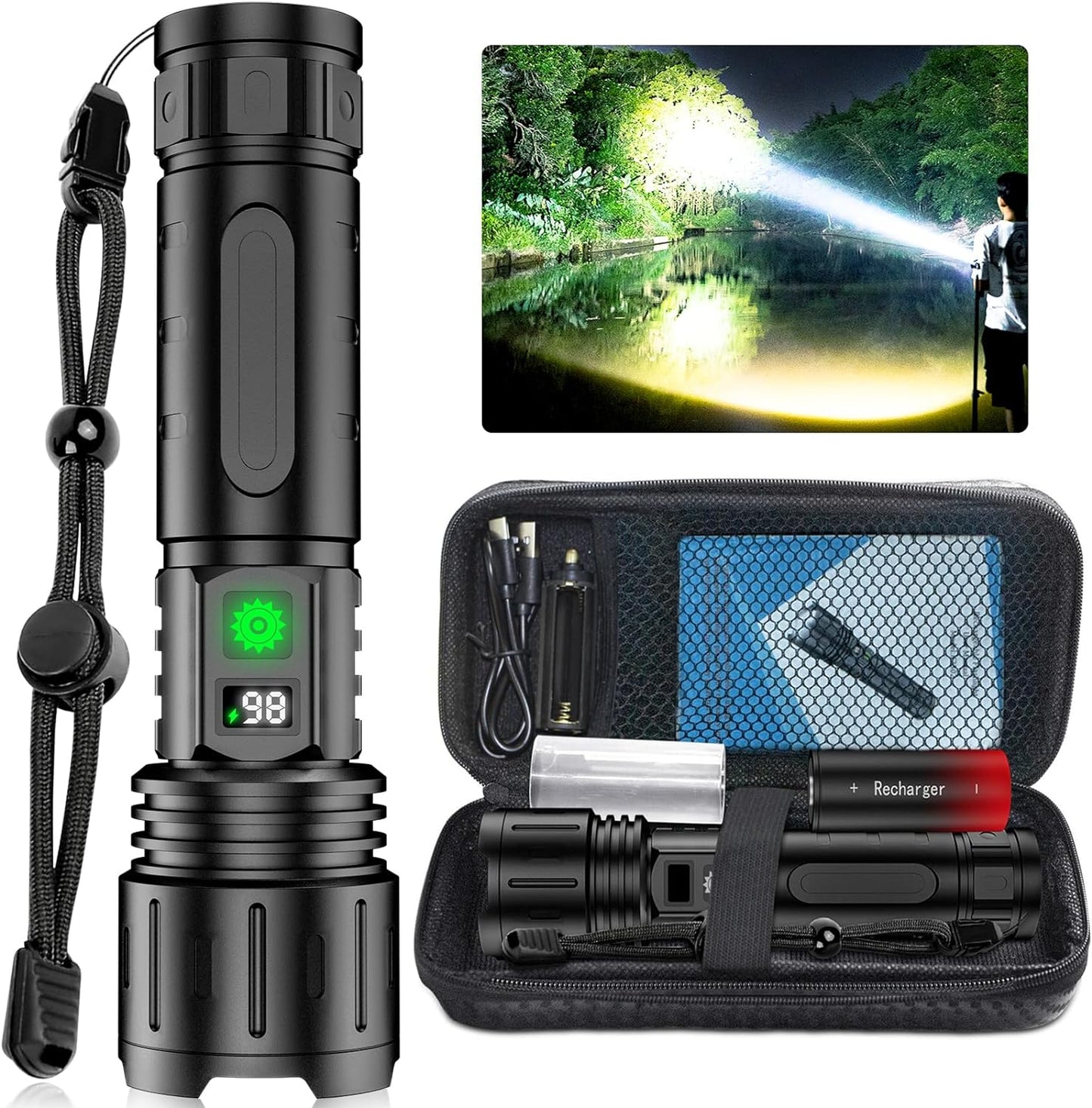 Tactical Flashlight 100,000 Lumens USB-C Rechargeable Weatherproof Aluminum