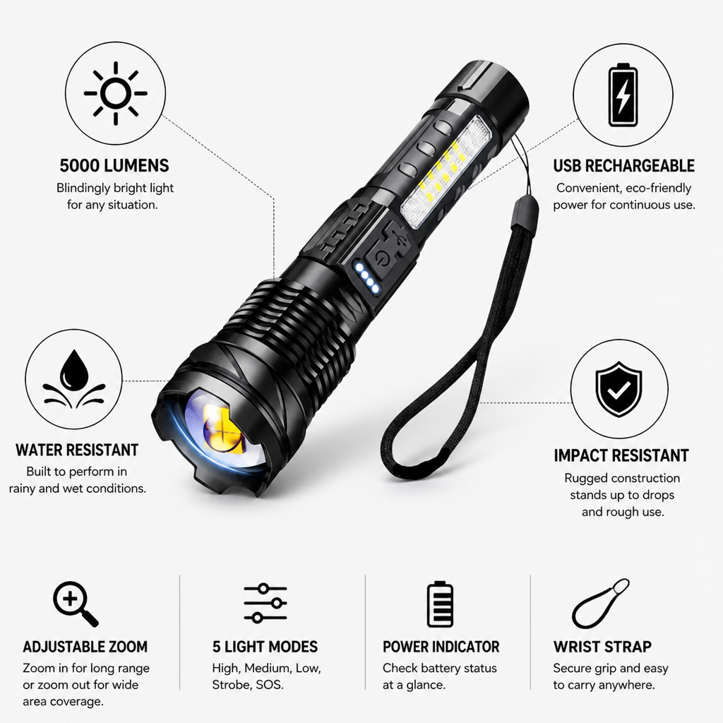 Tactical Flashlight 5000-Lumen USB Rechargeable Water & Impact Resistant