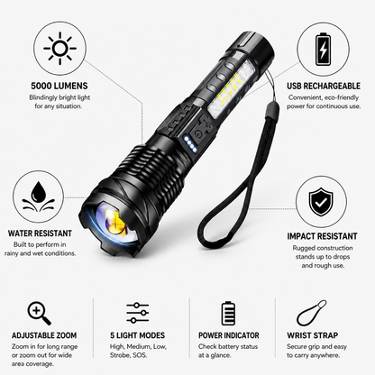 Tactical Flashlight 5000-Lumen USB Rechargeable Water & Impact Resistant