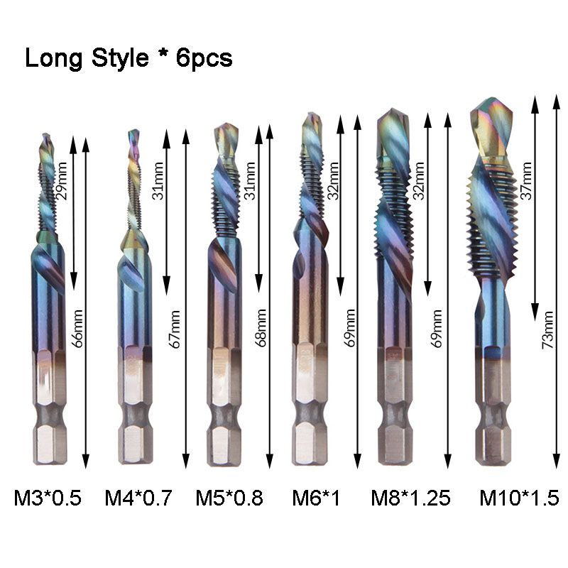 Tap Set 6-Piece 3-In-1 Titanium-Coated HSS