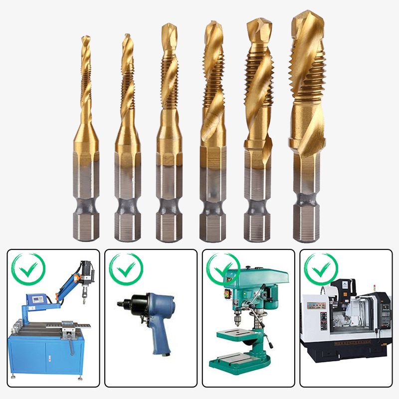Tap Set 6-Piece 3-In-1 Titanium-Coated HSS