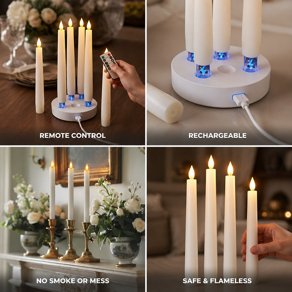 Taper Candle Flameless Rechargeable Remote & Dimmable
