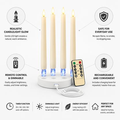 Taper Candle Flameless Rechargeable Remote & Dimmable