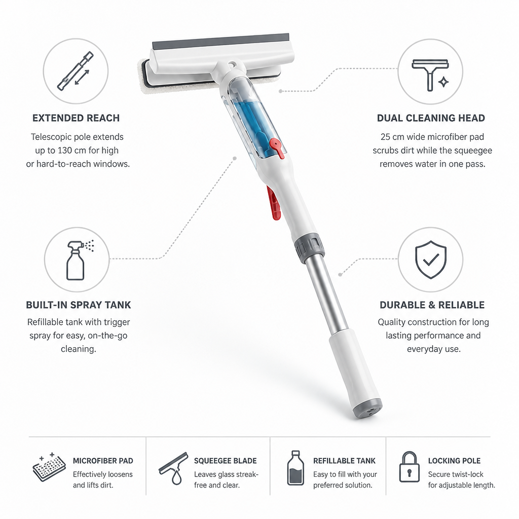 Telescopic Window Cleaner 130 cm Dual Microfiber & Squeegee