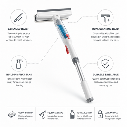 Telescopic Window Cleaner 130 cm Dual Microfiber & Squeegee