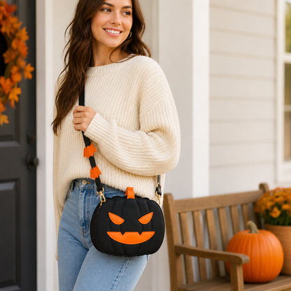 Textured Faux Leather Jack O'Lantern Crossbody Bag (Removable Strap)