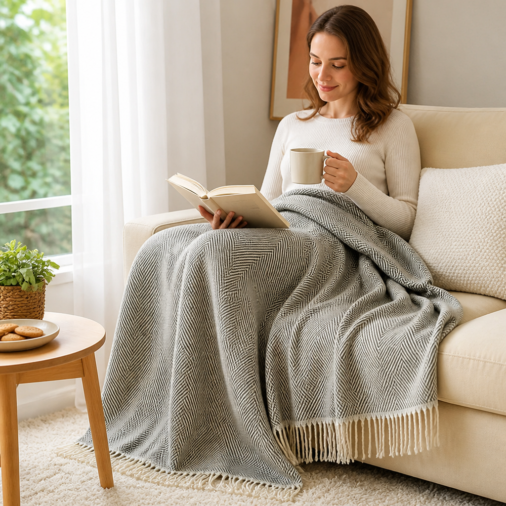 Throw Blanket 100% Cotton Striped & Fringed Machine Washable