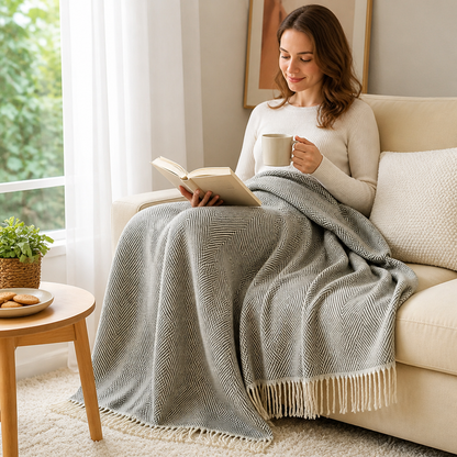 Throw Blanket 100% Cotton Striped & Fringed Machine Washable