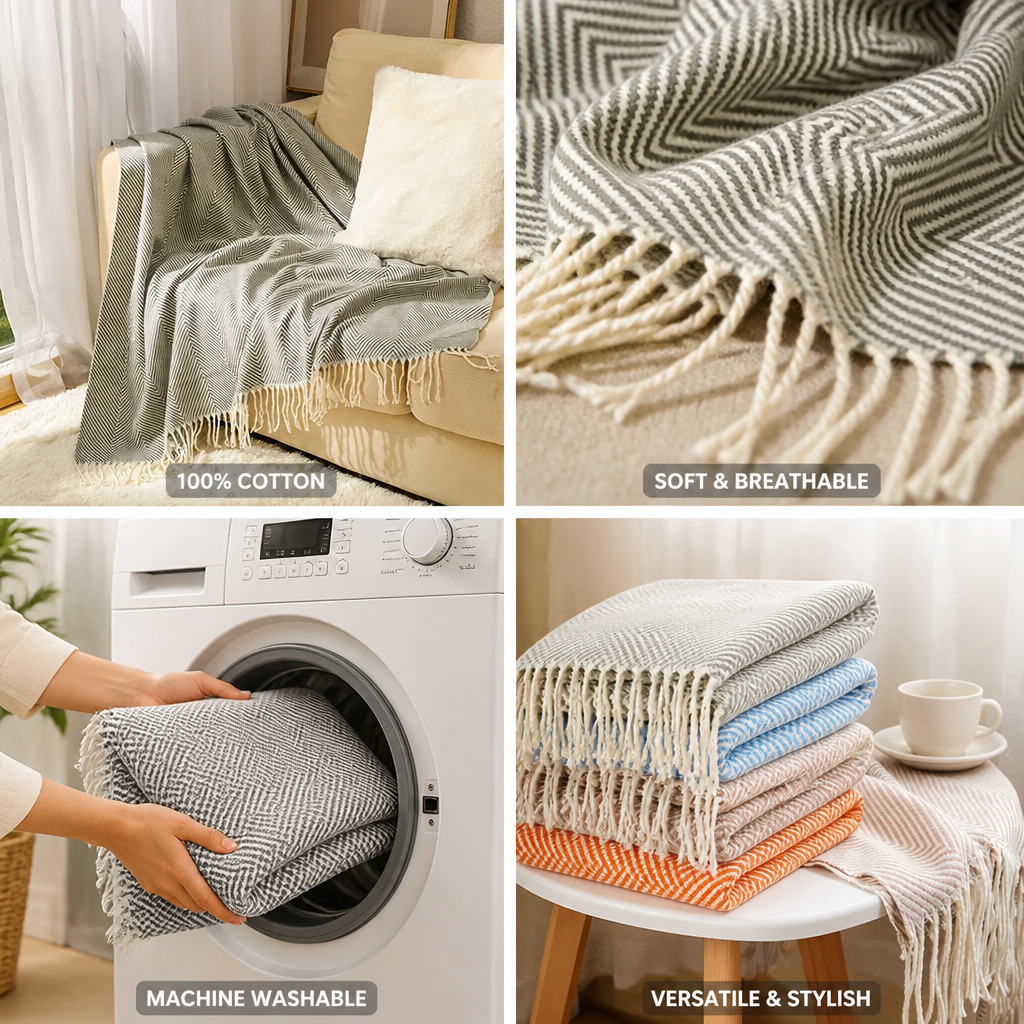 Throw Blanket 100% Cotton Striped & Fringed Machine Washable