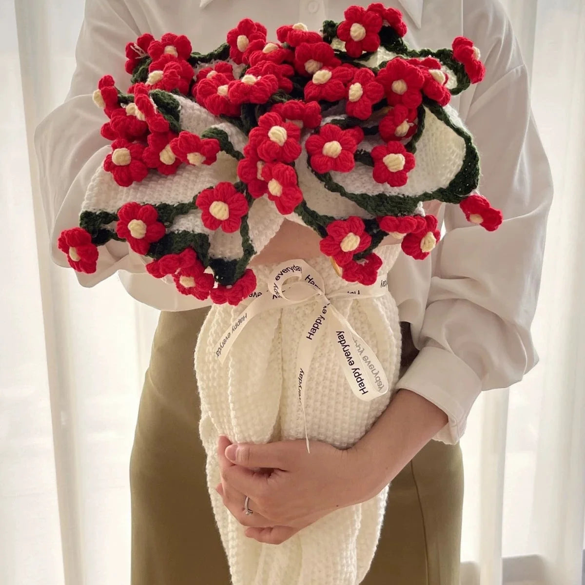 Throw Blanket Double-Knit Crocheted Flower Appliques
