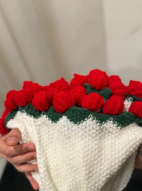 Throw Blanket Double-Knit Crocheted Flower Appliques