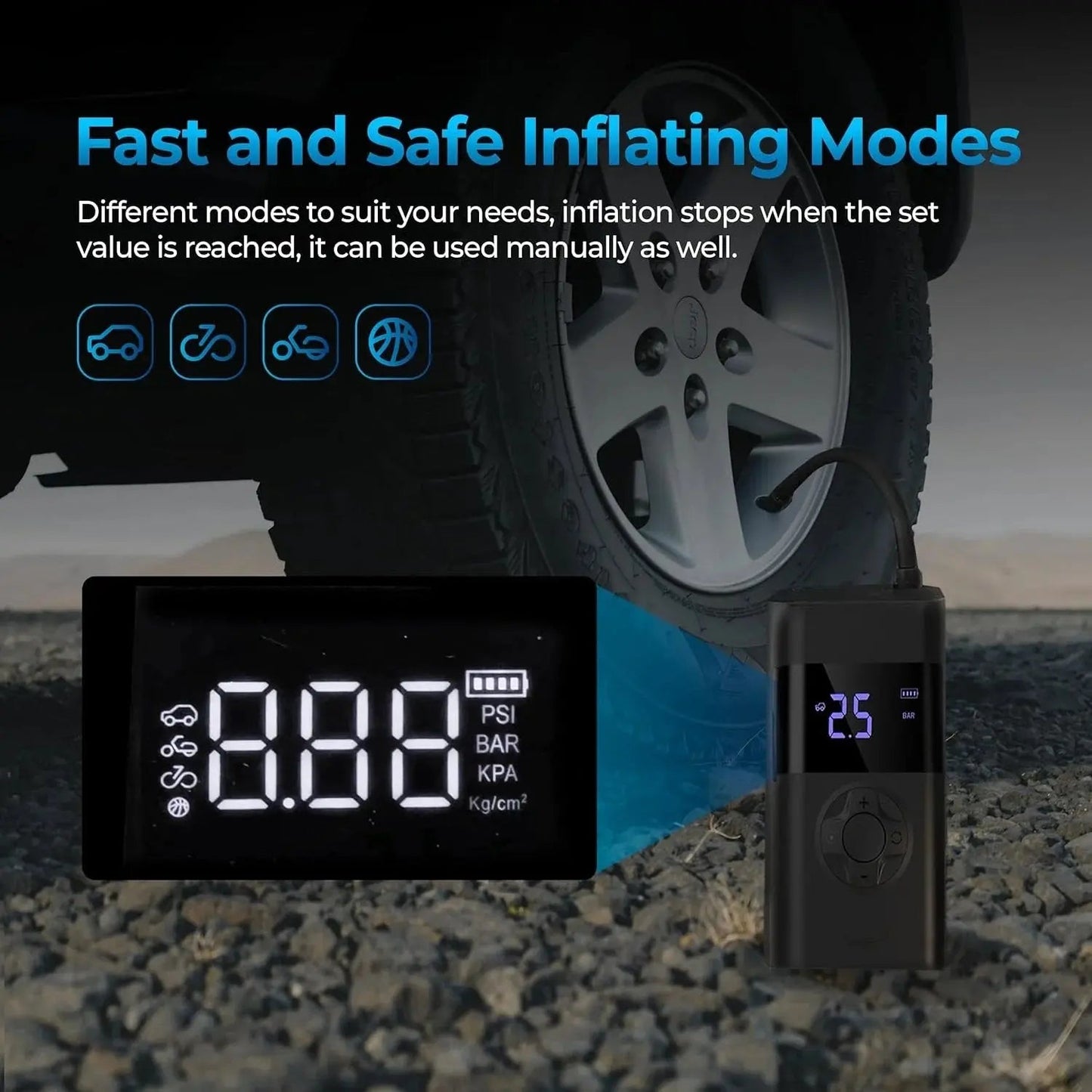 Tire Inflator Cordless Rechargeable 150 PSI Auto-Stop