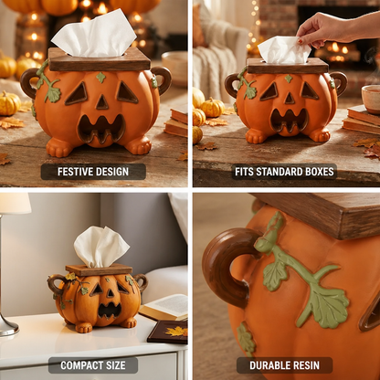 Tissue Box Cover Pumpkin Jack-O'-Lantern Resin Fits Square Boxes