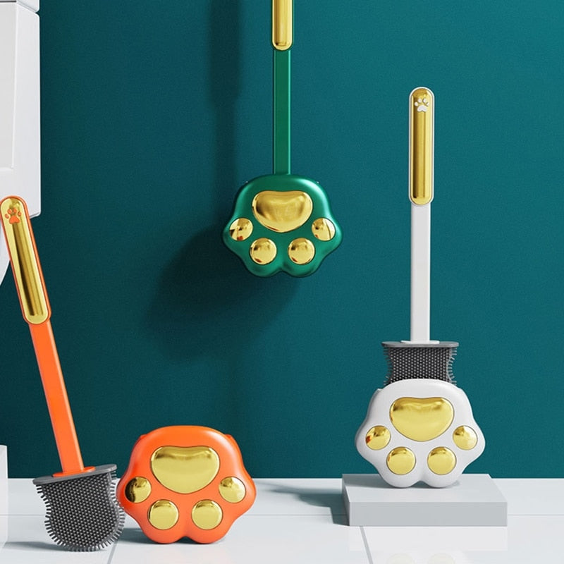 Toilet Brush Set Paw Print Silicone Bristles With Holder