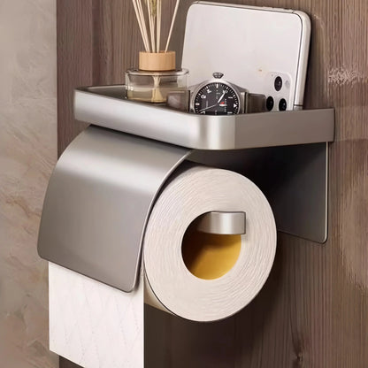 Toilet Paper Holder Curved Cover & Shelf Adhesive Mount