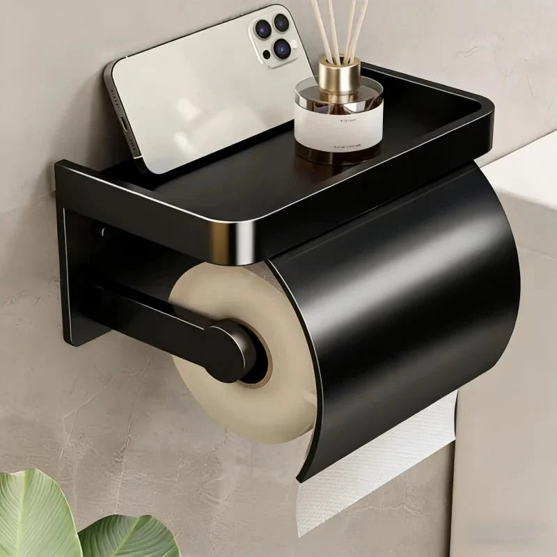 Toilet Paper Holder Curved Cover & Shelf Adhesive Mount