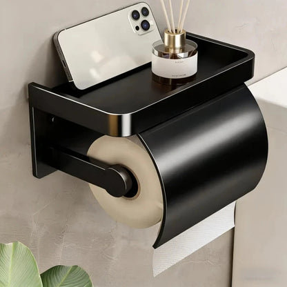 Toilet Paper Holder Curved Cover & Shelf Adhesive Mount