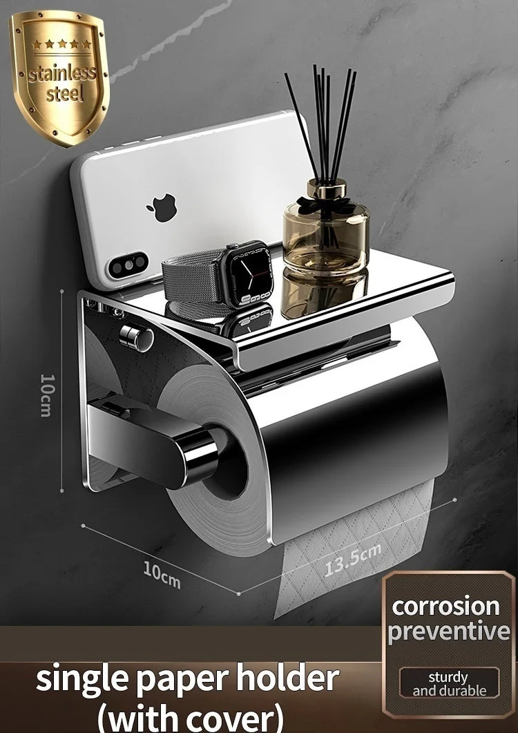 Toilet Paper Holder Wall-Mounted Stainless Steel Cover & Shelf