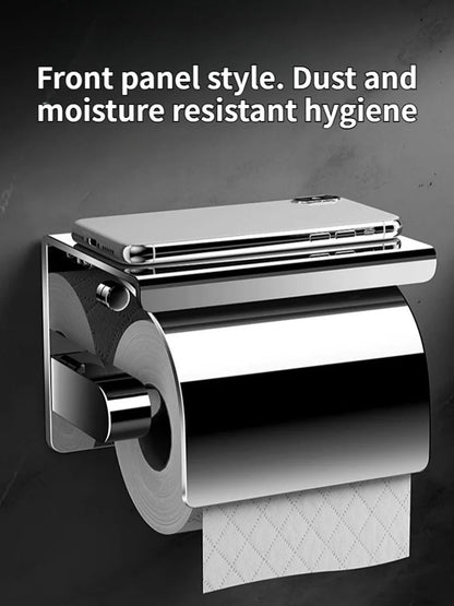 Toilet Paper Holder Wall-Mounted Stainless Steel Cover & Shelf