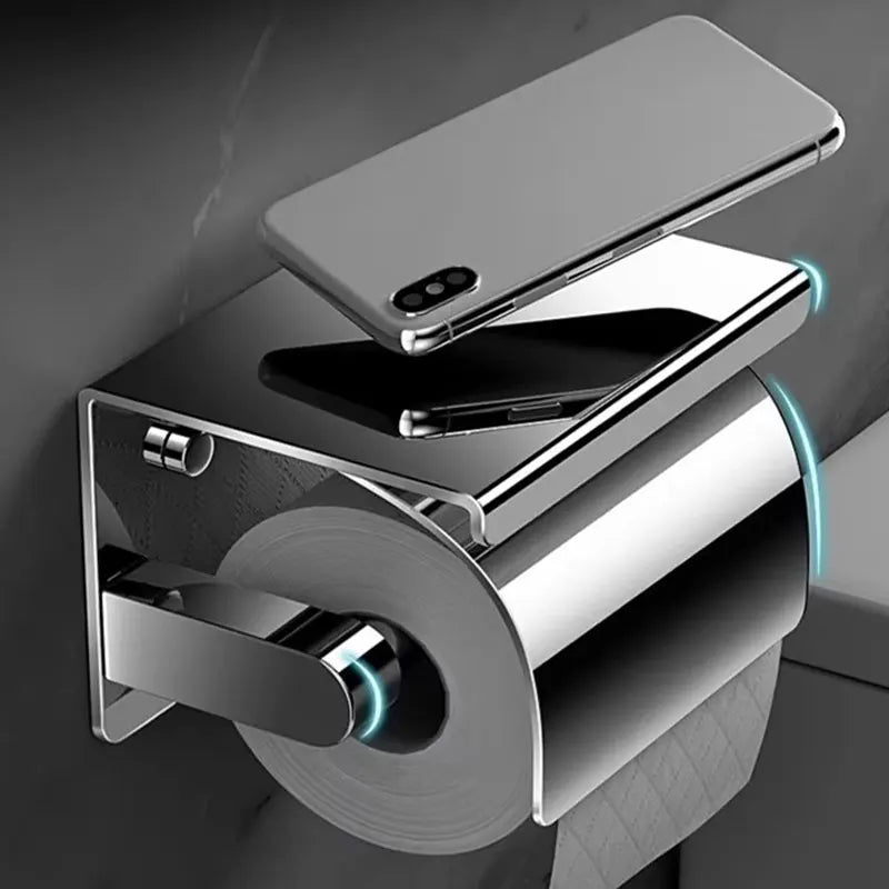 Toilet Paper Holder Wall-Mounted Stainless Steel Cover & Shelf