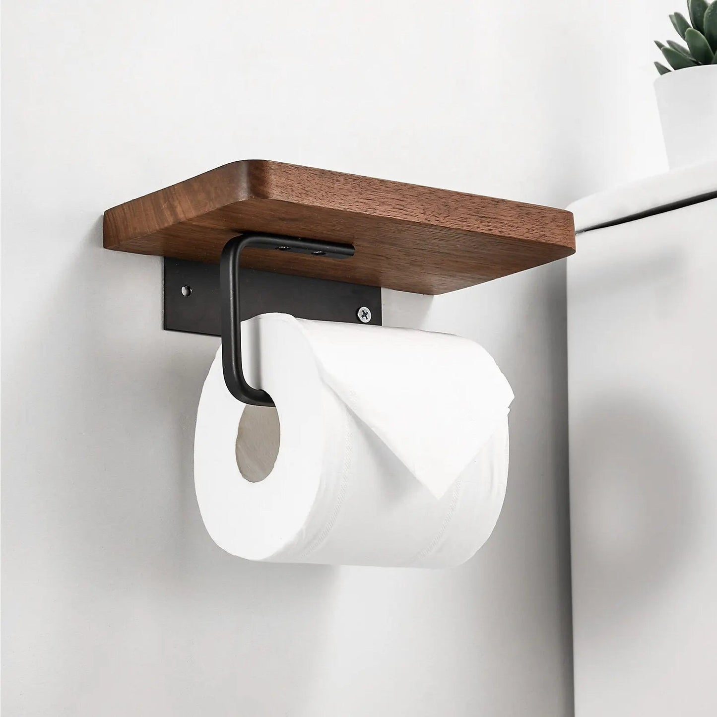 Toilet Paper Holder Wall-Mounted Wooden Shelf & Metal Bracket