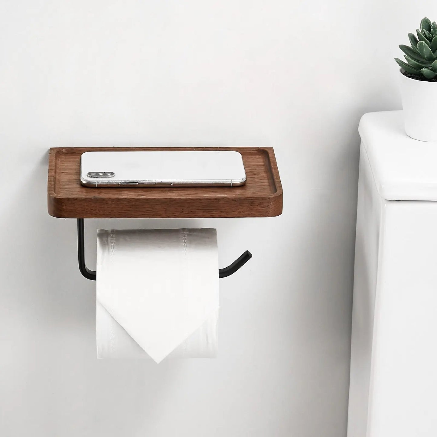 Toilet Paper Holder Wall-Mounted Wooden Shelf & Metal Bracket