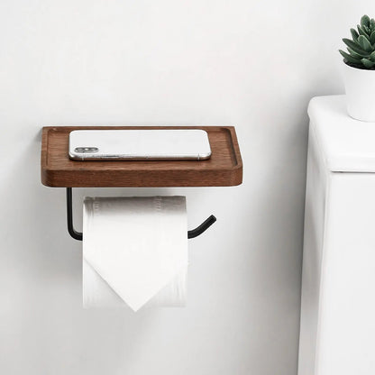Toilet Paper Holder Wall-Mounted Wooden Shelf & Metal Bracket