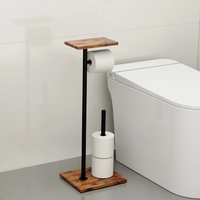 Toilet Paper Holder Wood-Look Shelf Dual Roll Weighted Base