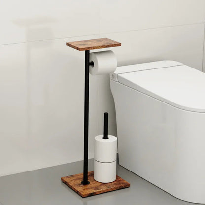 Toilet Paper Holder Wood-Look Shelf Dual Roll Weighted Base