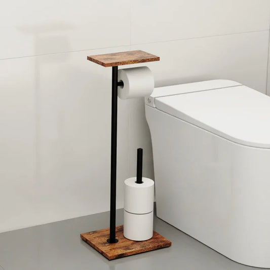 Toilet Paper Holder Wood-Look Shelf Dual Roll Weighted Base
