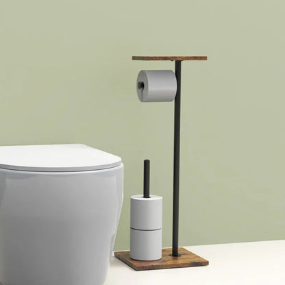 Toilet Paper Holder Wood-Look Shelf Dual Roll Weighted Base