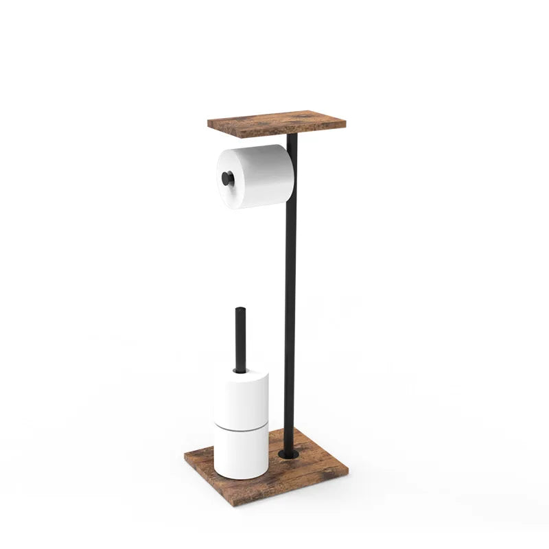 Toilet Paper Holder Wood-Look Shelf Dual Roll Weighted Base