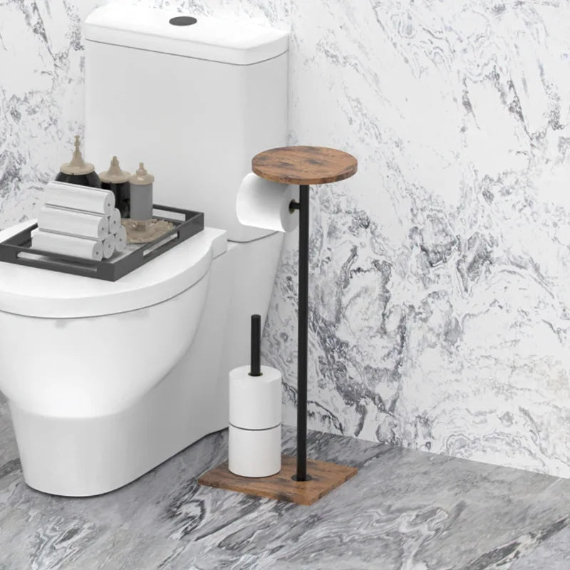 Toilet Paper Holder Wood-Look Shelf Dual Roll Weighted Base