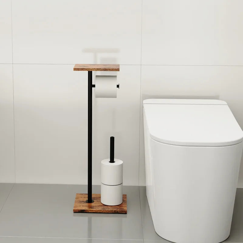 Toilet Paper Holder Wood-Look Shelf Dual Roll Weighted Base
