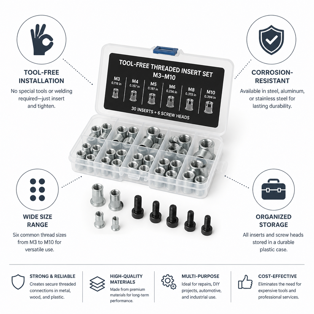 Tool-Free Corrosion-Resistant Threaded Insert Set (M3–M10)
