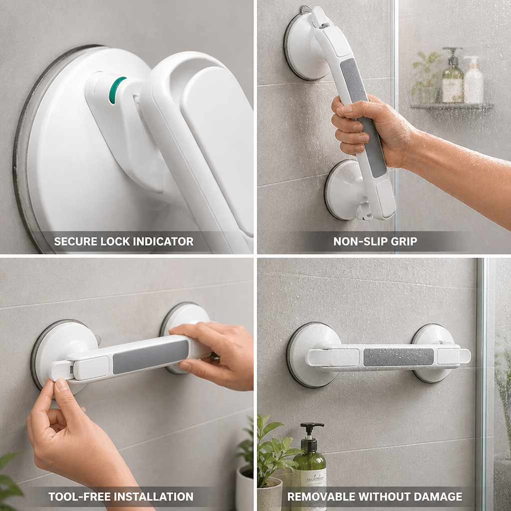 Tool-Free Locking Suction Shower Grab Handle