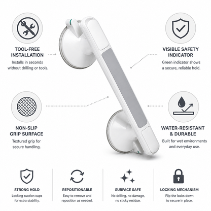 Tool-Free Locking Suction Shower Grab Handle