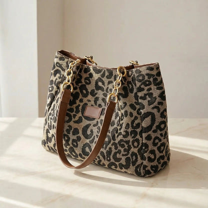 Tote Bag Leopard Print Woven Canvas Wide Faux Leather Straps
