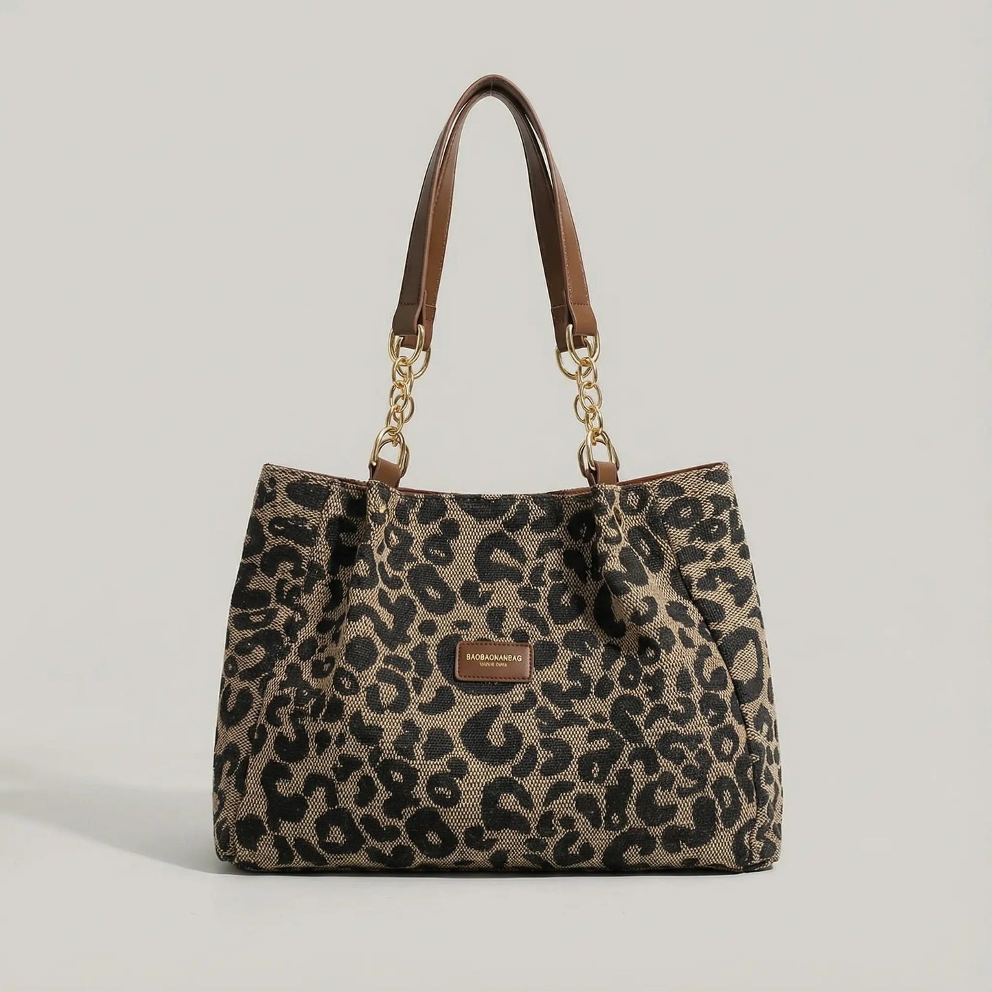 Tote Bag Leopard Print Woven Canvas Wide Faux Leather Straps