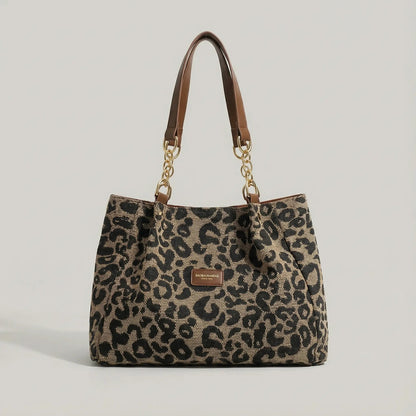 Tote Bag Leopard Print Woven Canvas Wide Faux Leather Straps