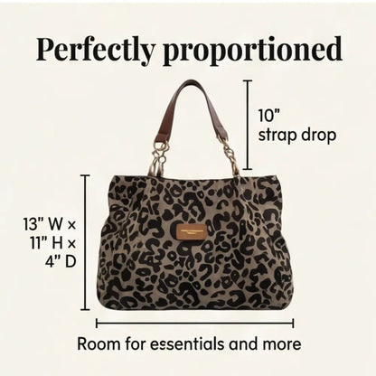 Tote Bag Leopard Print Woven Canvas Wide Faux Leather Straps
