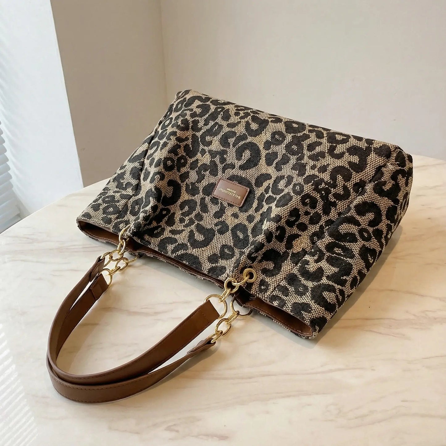 Tote Bag Leopard Print Woven Canvas Wide Faux Leather Straps