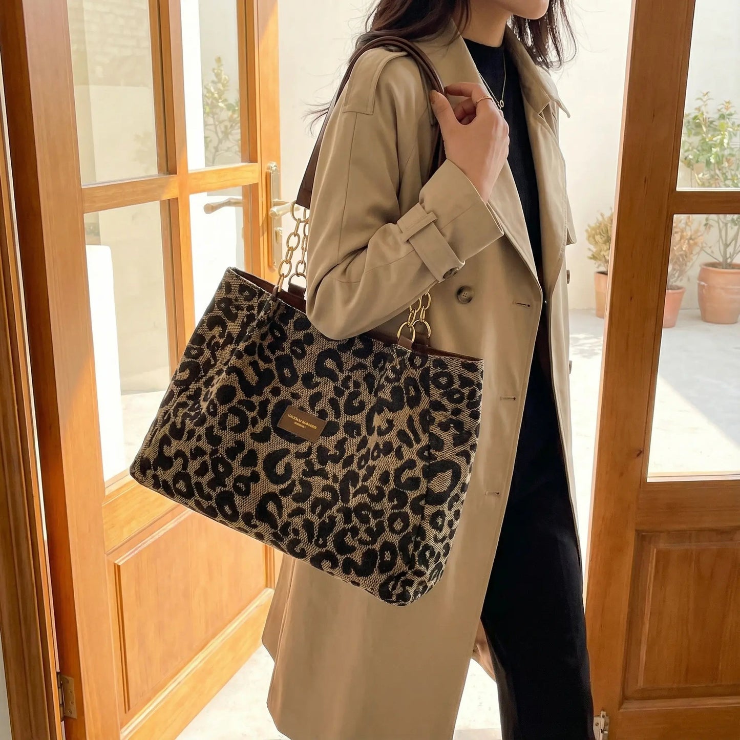 Tote Bag Leopard Print Woven Canvas Wide Faux Leather Straps