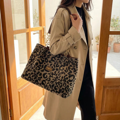 Tote Bag Leopard Print Woven Canvas Wide Faux Leather Straps
