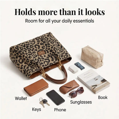Tote Bag Leopard Print Woven Canvas Wide Faux Leather Straps