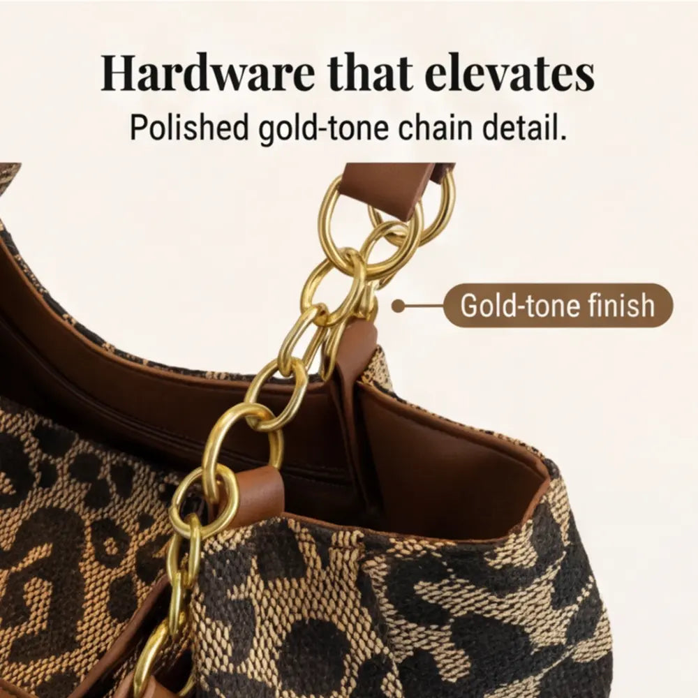 Tote Bag Leopard Print Woven Canvas Wide Faux Leather Straps