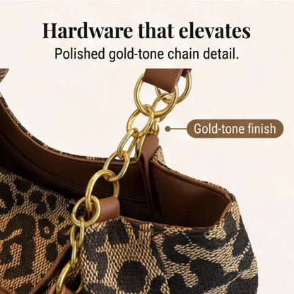 Tote Bag Leopard Print Woven Canvas Wide Faux Leather Straps