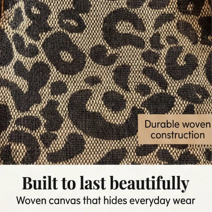 Tote Bag Leopard Print Woven Canvas Wide Faux Leather Straps