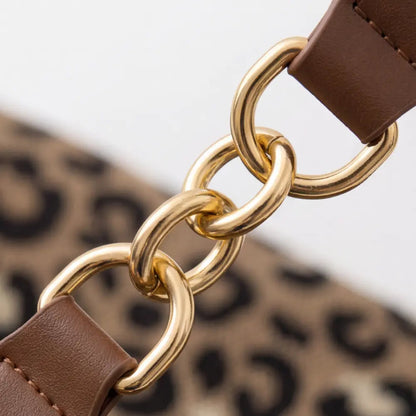 Tote Bag Leopard Print Woven Canvas Wide Faux Leather Straps